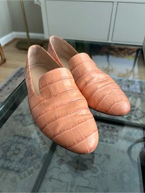 Veronica Beard Croc-Embossed Slip-On Loafers in Peach